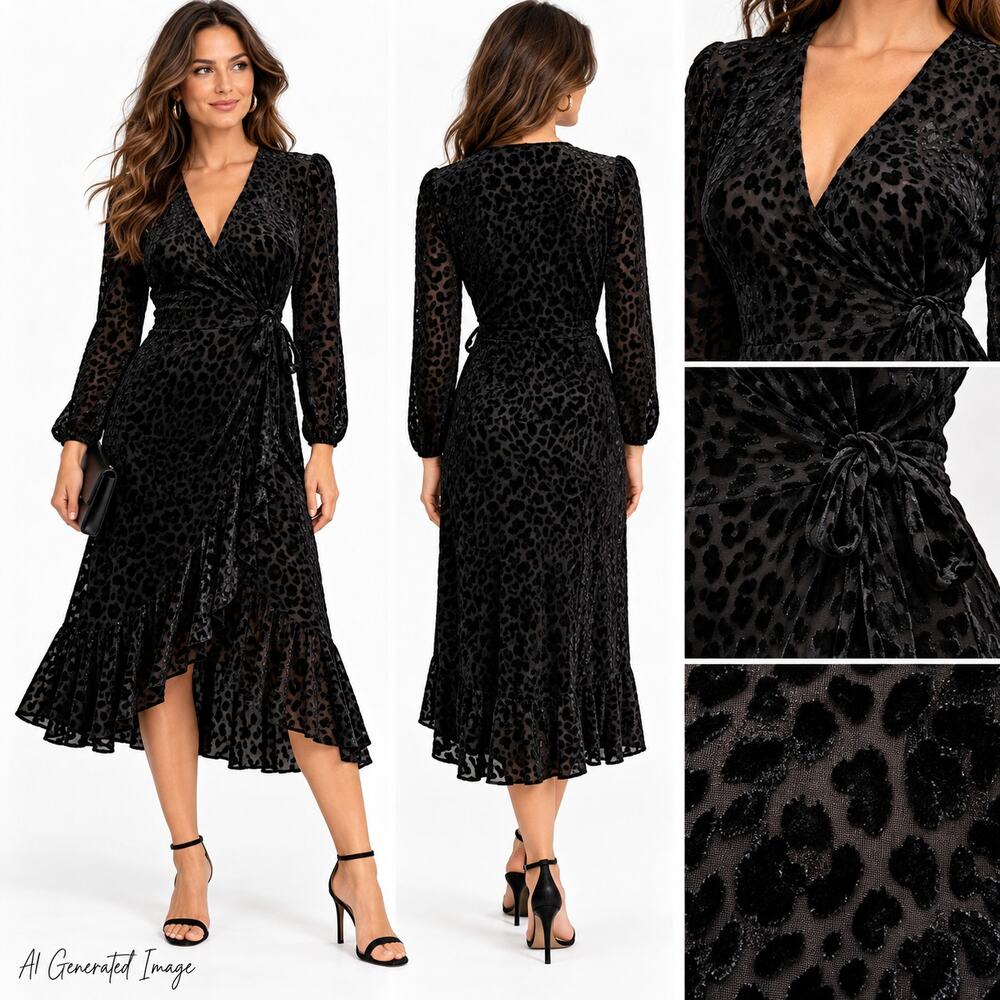 Black Leopard Burnout Velvet Faux Wrap Whimsigoth Midi Dress Calvin Klein Size 6